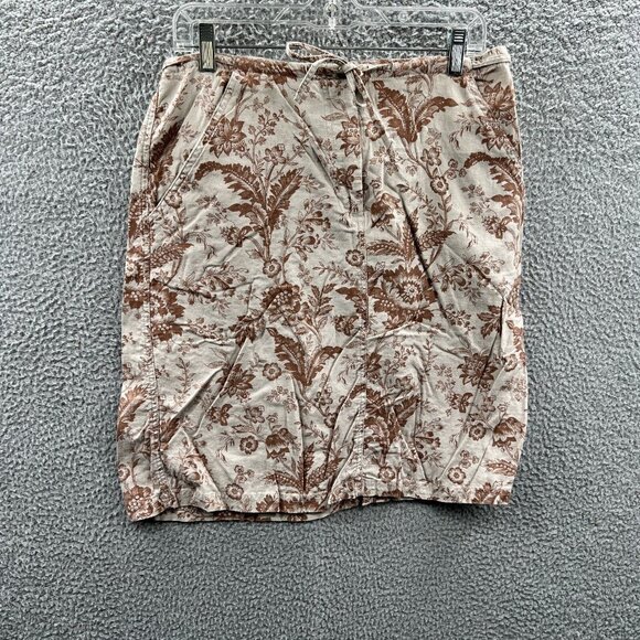 White Stag Womens Straight Skirt 12 Tan Brown Floral Linen Blend Zip Drawstring - Picture 1 of 11